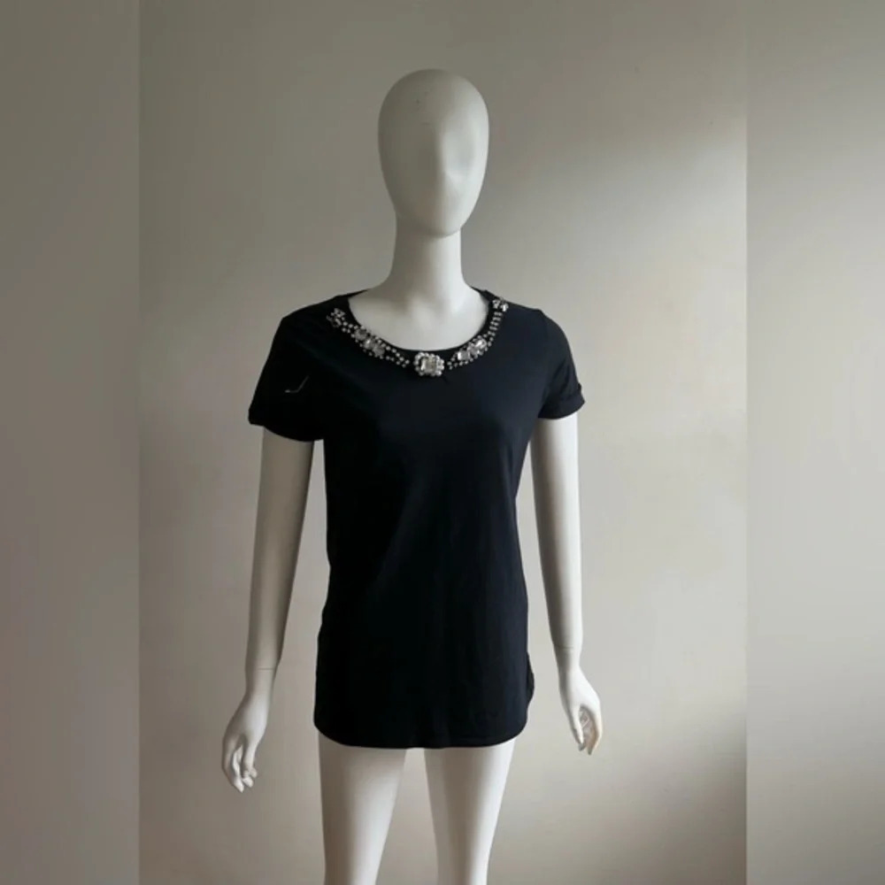 Relish Womens Blouse Black Short Sleeve Scoop Neck Rhinestone